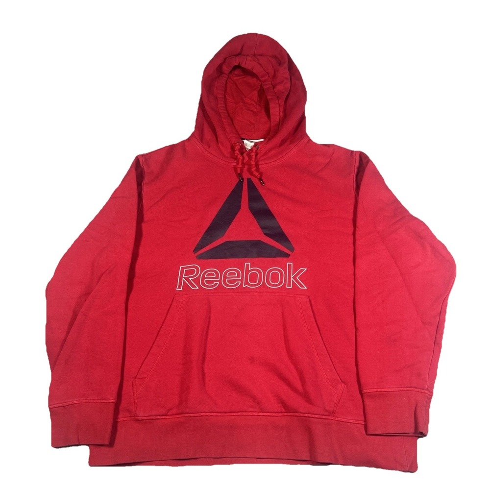 Reebok Men’s Red Pullover Fleece Hoodie Graphic Logo Pockets Drawstring XL